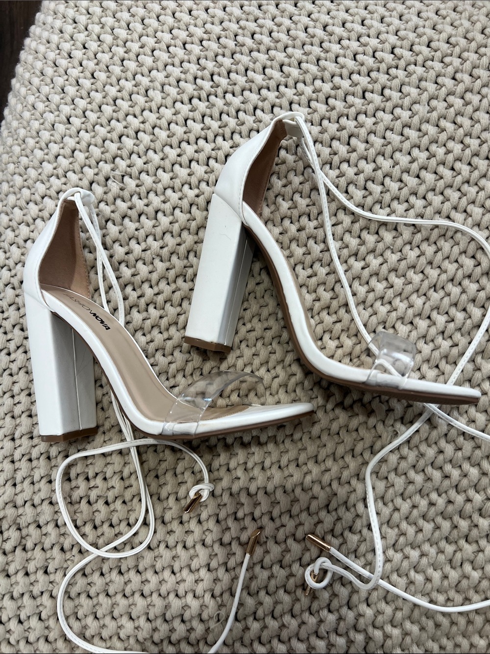 Fashion Nova White Lace-Up Block Heel Sandals with Clear Toe Strap